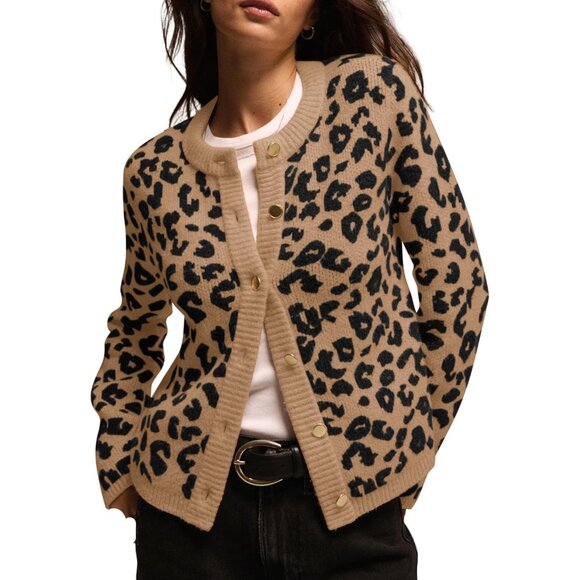 Women Cotton Blend Leopard Print Cardigan Open Front Long Sleeve Sweater - Picture 1 of 5